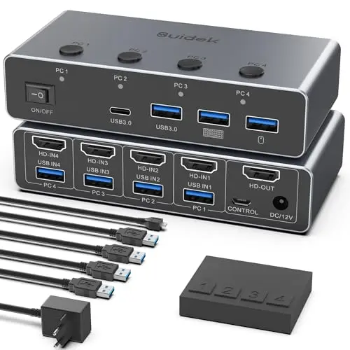 SUIDEK Commutateur KVM HDMI 8K@60Hz, 4 ordinateurs, 1 moniteur,4 ports USB 3.0 (3 A + 1C) Commutateurs KVM en aluminium, clavier et souris,Comprend 4 câbles USB, un contrôleur et un adaptateur secteur