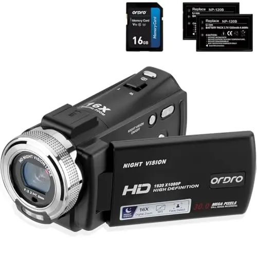 ORDRO Caméra Vidéo de Vision Nocturne Youtube Vlogging Camera Recorder FHD 1080P 15FPS 30MP 3,0 Pouces 270 Degrés de Rotation LCD Caméscope à Zoom Numérique 16X avec 2 Piles et Carte SD de 16 Go