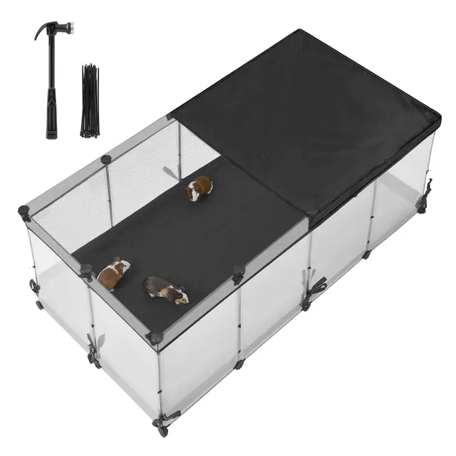 SONGMICS Parc Enclos, Enclos pour Petits Animaux, Panneaux Semi-Transparents, Toile Respirante, Tapis Imperméable, pour Lapin, Hérisson, Cochon d'Inde, Furet, 144 x 74 x 57 cm, Blanc Nuage LPC016W01