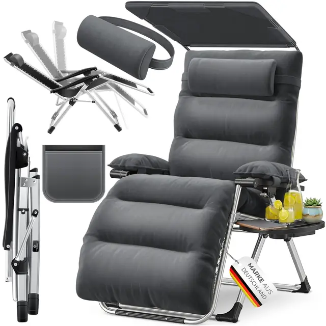 KESSER® Transat XXL - pliable, résistant aux intempéries, capacité 200 kg, revêtement ergonomique, dossier réglable, porte-gobelets et coussin pour les bras, avec auvent - Anthracite