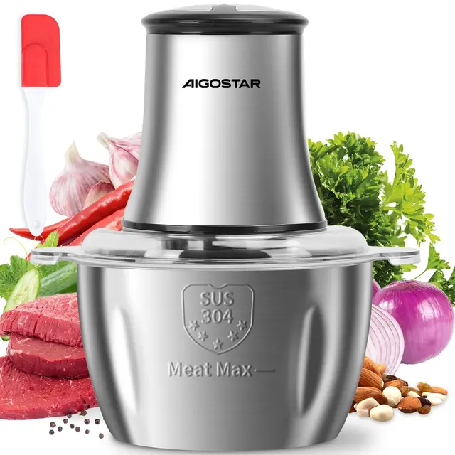Aigostar Flor - Hachoir Électrique 500W avec Bol Inox 1.8L et 4 Lames. Mini Hachoir à Viande, Mixeur Multifonction 2 Vitesses pour Repas Bébé. Inclus Spatule, Sans BPA