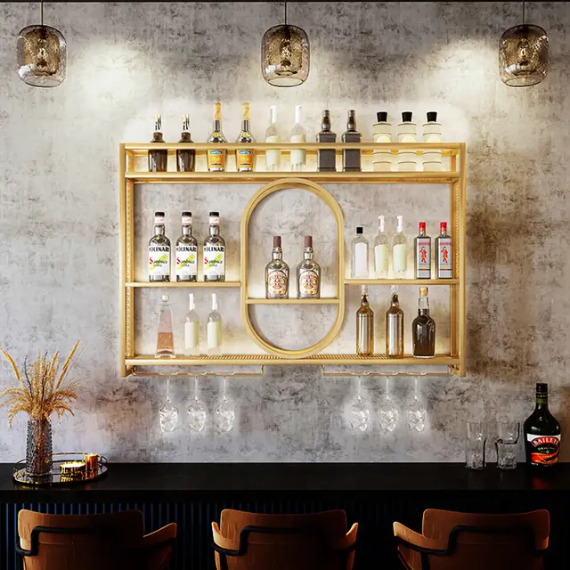 Étagère À Vin en Métal Murale avec Weinglashalter,Casier À Vin en Métal Weinregal Wand AVCE LED pour Porte-Bouteilles Muraux Industriels Homebar, Cuisine, Gastronomie(Gold,1.2m)