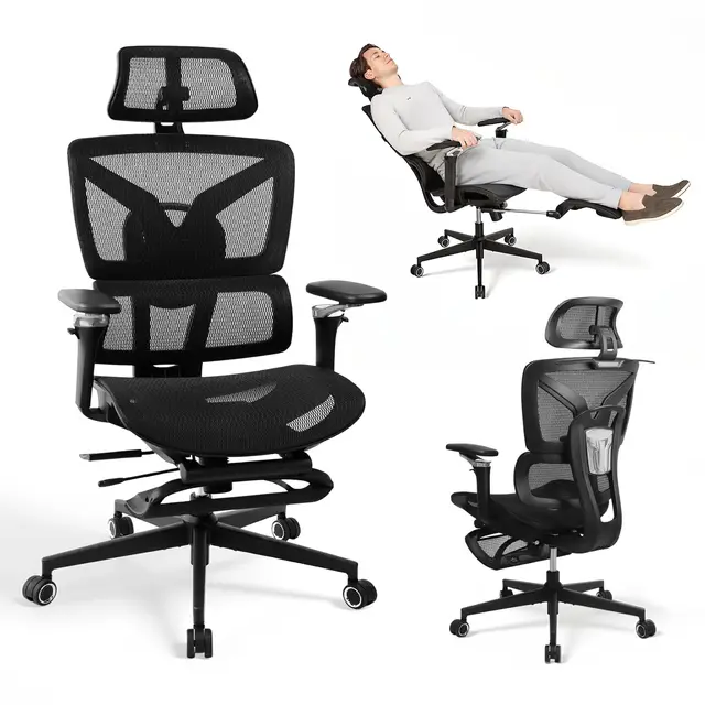 Chaise de Bureau Ergonomique Grand et Haut avec Repose-Pieds, Accoudoirs Réglables 5D, Support Lombaire, Dossier en Maille Inclinable, Siège Profondeur Réglable, Chaise Gamin, Noire