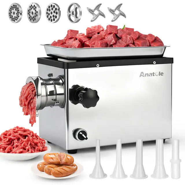 Anatole Hachoir a Viande Électrique Professionnel 950W Acier Inoxydable Farce à Saucisses Multifonctions avec 6/8/10mm/3-Trous Plaque 2 Lames de Broyage 1 Remplisseur de Saucisses 220V