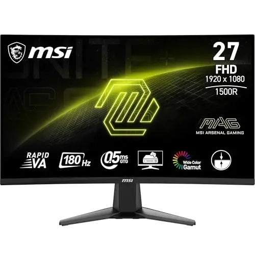 MSI MAG 27C6F écran Gaming incurvé FHD de 27" - Dalle Rapid VA 1920 x 1080 1500R, 180 Hz / 0,5ms (GtG, Min.), Adaptive-Sync - DP 1.2a, HDMI CEC