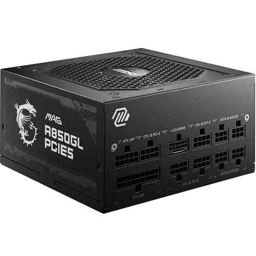 MSI MAG A850GL PCIE5 Alimentation, 850W, 80 Plus Gold, Entièrement modulaire, ATX 3.0, Support GPU PCIe 5.0, Ventilateur FDB 120mm, Full-Bridge LLC, câbles Plats Noirs - Garantie 7 Ans