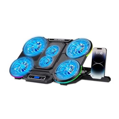 NK Base de Refroidissement Portable Gaming 17" - 10 Modes lumières LED RVB, 6 Ventilateurs Silencieux avec Vitesses réglables, 4 hauteurs réglables, Port USB, Support de téléphone, Refroidissement