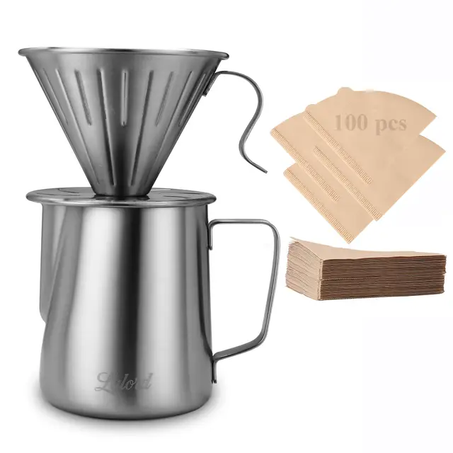 Lalord Cafetière à verser, Ensemble de cafetière en acier inoxydable 304 avec 100 filtres en papier #2 et pichet à mousse de lait de 600 ml, pour la maison et le camping