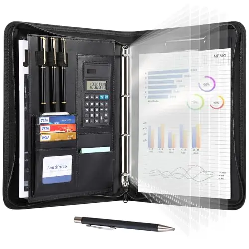 Leathario Portfolio A4 Porte-documents, Organiseur de Conférence, Carnet d'écriture - Dossier de présentation professionnel Noir Profond