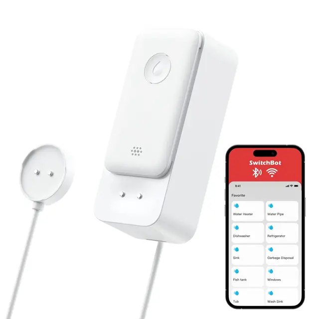 SwitchBot Capteur d'eau WiFi, détecteur de Fuite d'eau Intelligent, alertes réglables de 100 DB et alertes d'application, étanchéité IP67, détecteur pour Cuisine (Detector with Cable (1 Pack))