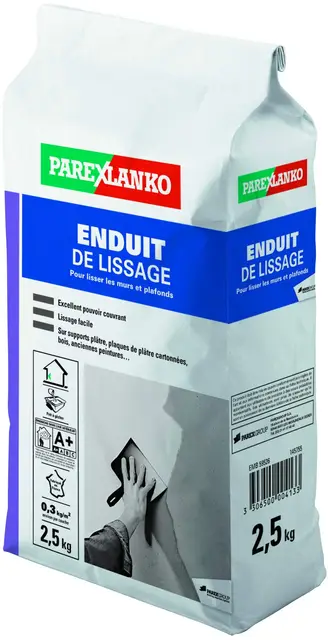 Parexlanko - Enduit de Lissage - Blanc - Lissage et surfaçage des murs intérieurs et plafonds - Excellent pouvoir couvrant - Application facile - 2,5kg