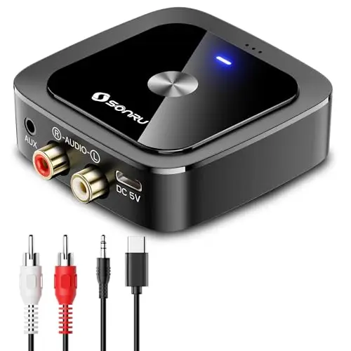 SONRU Récepteur Bluetooth 6.0 Jack, Adaptateur Bluetooth RCA pour Chaine Hi-FI, recepteur Bluetooth Voiture avec 2RCA et 3.5mm Double Connexion pour Enceintes Bass Reflex Car Radio MP3