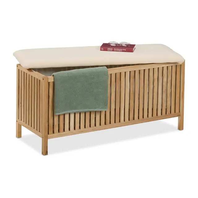 Relaxdays Banc avec Rangement, Meuble à Linge, capacité : 100 l, H x L x P : env. 50 x 100 x 38 cm, Nature et Noir