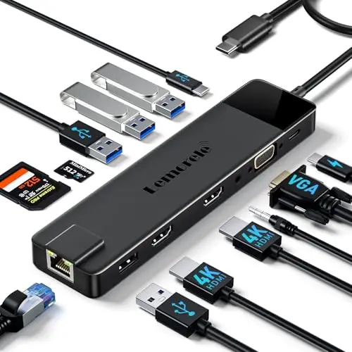 Lemorele Station d'accueil USB C Double HDMI 4K & VGA, Hub USB C 13 en 1 Adaptateur Multiport (Ethernet Gigabit, 100W PD, 4 USB, SD/TF) pour MacBook Pro/Air M1 M2, Dell, HP, Surface