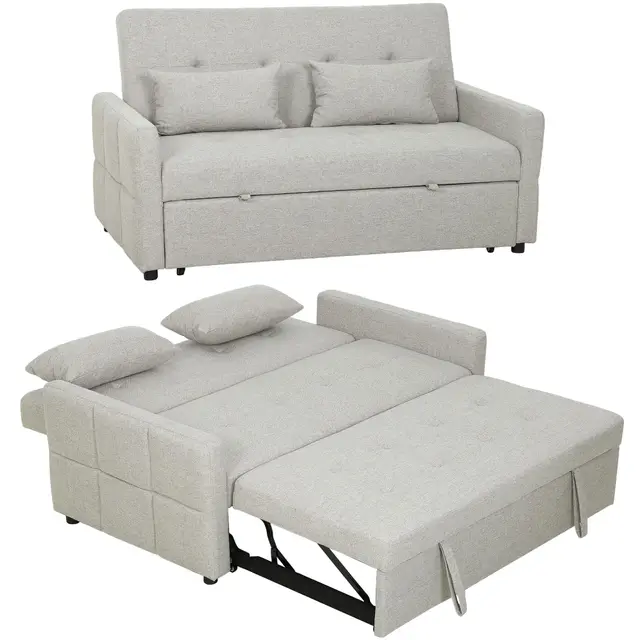 HOMCOM Canapé Convertible 2 Places 3 en 1, canapé-lit clic-clac 137x180cm, lit gigogne, Dossier réglable, 2 Coussins, Assise Large, Tissu Lin, pour Salon, Appartement, Petit Espace, Marron Clair