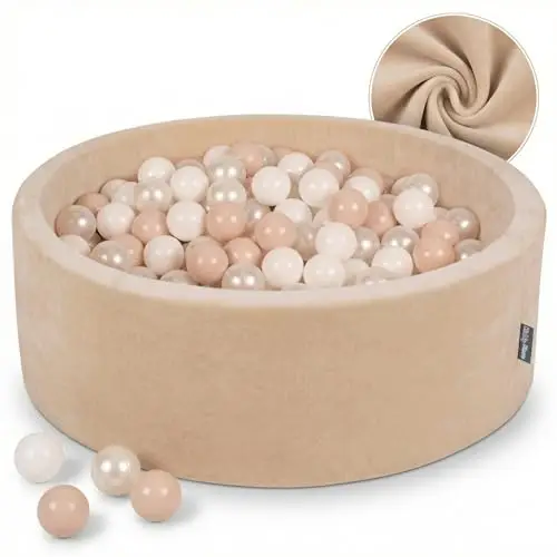 KiddyMoon pour Bébés Piscine à Balles Velours Ronde 90x30 avec 200 Balles 7cm Aire de Jeu Enfants Plaisir Beige Sableux - Beige Pastel Blanc Perle