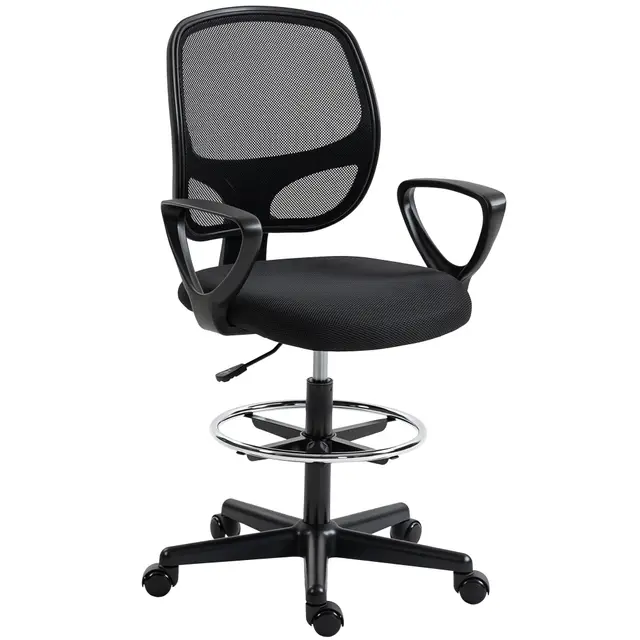 HOMCOM Chaise bureau ergonomique, fauteuil de bureau avec repose-pieds et accoudoirs, chaise à dessin en maille, hauteur réglable, soutien lombaire, pivotant 360°, pour studio travail à domicile, noir