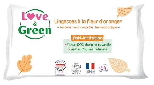 Love & Green Lingettes à la Fleur d'Oranger Saines et Ecologiques - Paquet de 64 Lingettes - Certifiée Cosmo Natural par ECOCERT et FSC - Emballage recyclable