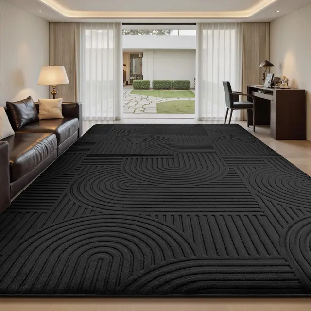 Sour Lemon Tapis de salon, 200 x 300 cm, noir, 3D, avec design de cercle, lavable, moelleux, antidérapant, pour chambre à coucher, salle à manger, cuisine et bureau