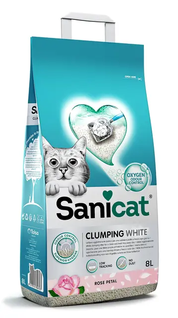 Sanicat - Litière pour Chats agglomérante Blanche - Parfum de pétales de Rose, Fabriquée à partir de minéraux naturels avec contrôle des odeurs, Capacité de 8 L