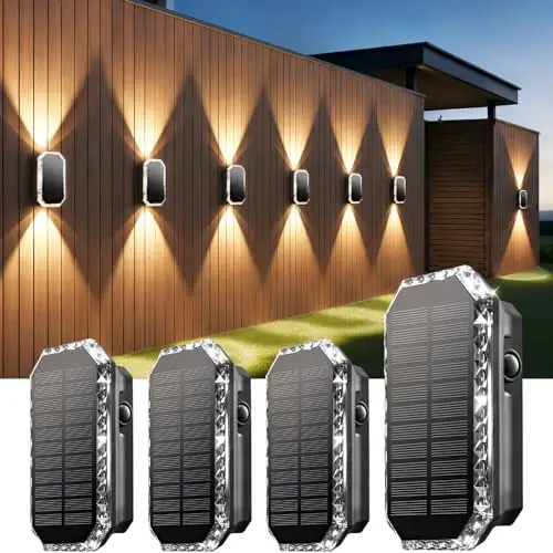 Lampe Solaire Exterieur Murale, Lot de 4 Applique Solaire Exterieur Haut et Bas, Applique Murale Exterieur Solaire 3 Modes, Lumiere Solaire Exterieur Étanche IP65 pour Jardin Clôture Terrasse