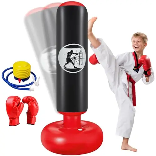 Sac de Boxe Enfant, Ninonly 160cm Sac de Frappe sur Pied Gonflable avec Pompe à Air et Gants de Boxe, Punching Ball Set Cadeau pour Garçons et Filles 3-12 Ans pour Karaté Kickboxing