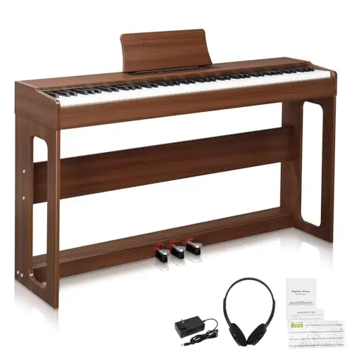 LEADZM Piano Numérique 88 Touches, Clavier Entièrement Lesté, Piano Électrique avec MIDI-USB, Bluetooth et Haut-Parleurs Stéréo, 128 Sonorités et Rythmes, Système à 3 Pédales (Noyer Noir)