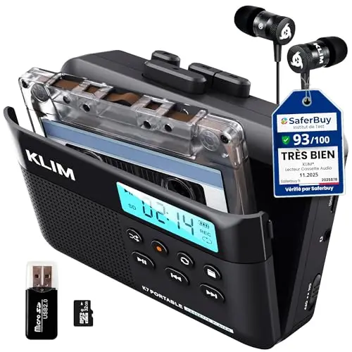 Cassette Player KLIM K7 - Lecteur Cassette Audio - Convertisseur Audio en MP3 - Microphone et Haut-Parleur intégrés - Batterie Rechargeable - Ecouteurs - Carte SD 16GB - Noir