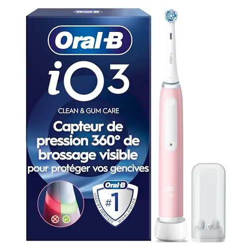 Oral-B Brosse à Dents Electrique iO 3 avec 1 Brossette de Rechange, Rose – 3 Modes de Brossage Silencieux dont Douceur et Blancheur, Capteur de Pression sur les Gencives, Batterie Rechargeable
