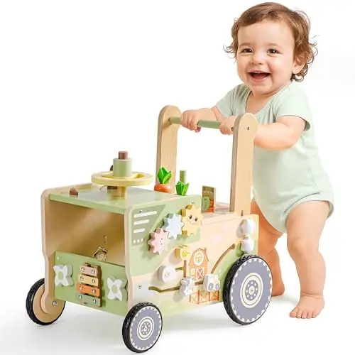 ROBUD Trotteur pour Bébé de 1 à 2 Ans, Trotteur En Bois à Roulettes Sur Le Thème De La Ferme, Jouet D'éveil Montessori Cadeau Pour Bébés de Plus 10 Mois (Vitesse Et Hauteur RéGlables)