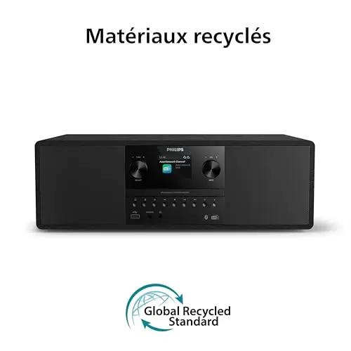 Philips TAM6500/10 Micro‑chaîne Musicale 100 Watts, Bluetooth 6.0, Auracast, Radio Dab+/FM, CD/USB/entrée Audio, Haut‑parleurs Bass‑Reflex, écran Couleur, télécommande, Plastique recyclé, Noir