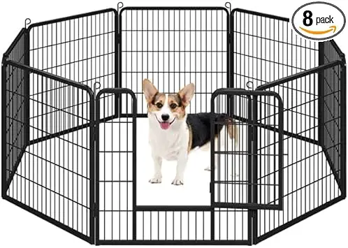 Yaheetech Parc pour Chien 8 Panneaux Parc Chiens 80 x 80 cm Enclos Chien Chiot Lapin Petit Cochon Interieur Cage pour Chiots en Metal Laqué Exterieur avec Porte