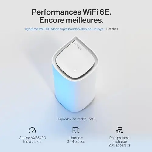 Linksys Système WiFi 6E Mesh Linksys Velop Pro MX6201-KE – Routeur Cognitive Mesh 6 GHz et 5,4 Gbit/s – Couverture Multiroom Jusqu’à 275 m² et 200 Appareils – Lot de 1