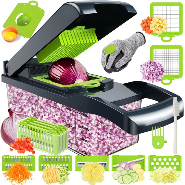 Coupe Legumes Multifonctions,16 En 1 Mandoline Cuisine,Coupe Legumes Manuel,Mandoline Professionnelle Cuisine,Decoupe Legumes avec 7 Lames Réglable,Coupe Legume pour Oignons Tomates Carotte Concombre
