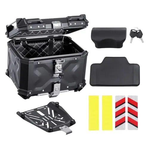 VEVOR Top Case pour Moto 55 L, Valise Porte-bagages Universel en Alliage d'Aluminium avec Doublure en Cuir, Coffre Arrière de Moto Amovible et Étanche, avec Serrure et Coussin de Dossier, pour Scooter