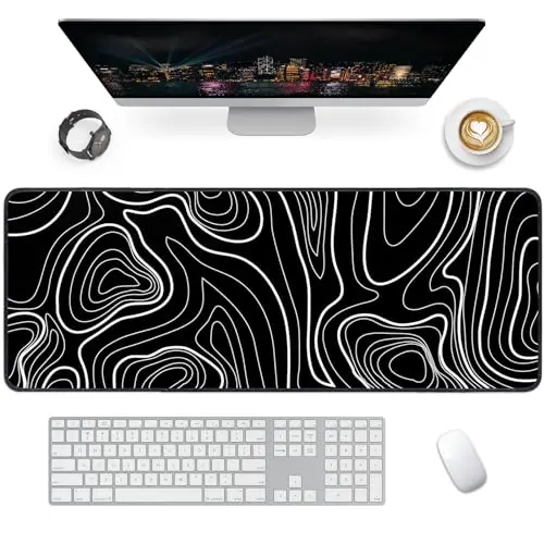 Tapis de Souris Gaming XXL Mousepad 900 x 400mm, Grand Tapis de Bureau sous Main avec Base en Caoutchouc antidérapante pour Gamer,Personnel de Bureau(Lignes Noires et Blanches)