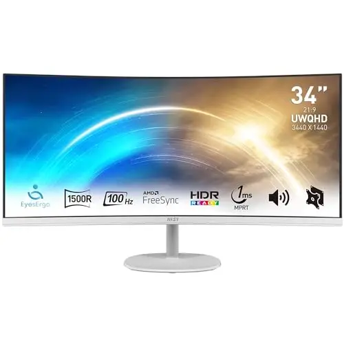 MSI Pro MP341CQW Écran Bureautique Incurvé 34" UWQHD - Dalle VA 1500R, 3440x1440, 100Hz, 1 ms, Confort Oculaire, Contraste 3000:1, 21:9, Haut-Parleurs Intégrés, DP 1.2a, HDMI 2.0b - Blanc