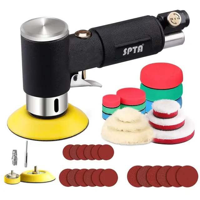 SPTA Mini poliermaschine, Druckluft Polierer, 25mm 50mm 80mm Exzenter schleifer Winkelschleifer mit 23tlg Polierschwamm Polierpad Polierfell Polierset Polierteller Kit von Auto,Möbeln,Metall-ARPS3SET