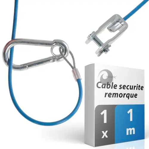 valonic cable securite remorque, 1m, bleu, avec mousqueton, charge de rupture 250kg, corde de déchirure avec chape (manille), corde de déchirure