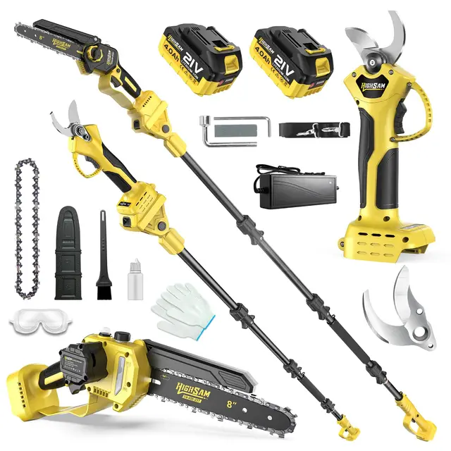 8 Pouces Mini Scie à Chaîne & Taille-Branches Sans Fil, 4-en-1 Outil Jardin Moteur Sans Balais, Tige Télescopique 4,2m, 2×4,0Ah Batteries, Scie à Chaîne, Taille Branches & Coupe Bois (yel)