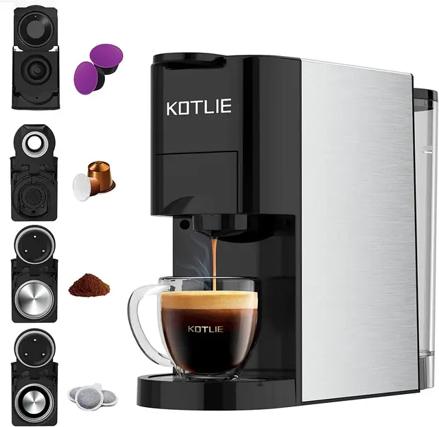 KOTLIE AC-513K 4 en 1 Cafetières à Capsules pour NES/DG/Café en Poudre/ESE(44mm), Pression de 19Bar, 0.8L Réservoir d'eau,Capacité Personnalisable(Noir)