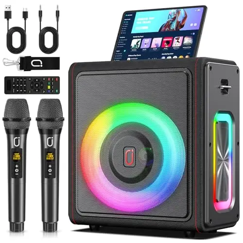 HWWR Karaoke Adultes, Enceinte karaoké Bluetooth 5.3 Portable avec 2 Micro sans Fil, 120W PA Système avec Correction de Tonalité & Réglage d'Écho, Compatible TWS/Carte TF/USB/AUX/Live/REC