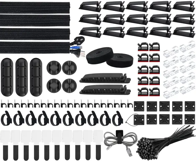 SOULWIT 200 Pièces Kit de Gestion des Câbles, 4 Manchon de Câble Gaine, 3 Clips Câble Organisateur Bureau, 10+2 Attache Câble Organisateur Rallonge, 15 Clips Câbles Adhésifs, 100 Serre Câbles