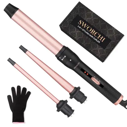 Boucleur a Cheveux 3 en 1 Fer a Boucler Céramique Boucleur Cheveux avec Température Réglable Hair Curler Interchangeable 9-32mm Fer a Friser pour Cheveux Longs Courts avec Gant