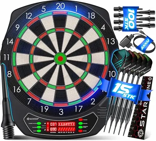KESSER® Cible de fléchettes électronique professionnelle – Cible de fléchettes E avec 15 fléchettes + 35 ailettes Pro 100 pointes + accessoires pour 1 à 8 joueurs
