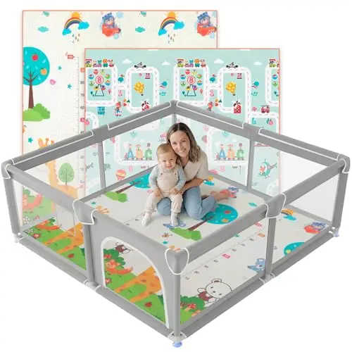 JUPPLIES Parc Bébé Sécurisé avec Tapis 120×120 cm – Aire de Jeu Carrée pour Enfant 6–24 mois, Filet Respirant 360°, Structure Stable Antidérapante (Gris)