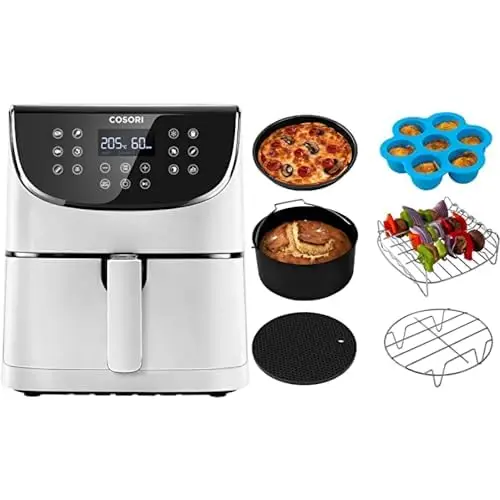 COSORI Friteuse sans Huile à Air Chaude 5,5L, Air Fryer avec 11 Programmes & Accessoires de Friteuse sans Huile 5,5 Litre, Plateau à Pizza/Corbeille à Pain/Support en Métal/Moule à Cake