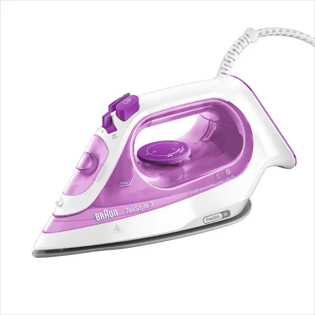 Braun TexStyle 3 - Fer à Repasser Vapeur, Semelle Céramique FreeGlide 3D, Débit Vapeur Jusqu’à140g/min, Vapeur Verticale, Réservoir 270ml, 2300W, Blanc/Violet (SI3030PU)