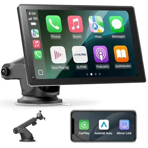 Écran Carplay Voiture pour Carplay et Android Auto sans Fil, 7 Pouces HD Ecran Tactile Autoradio Portable, Bluetooth,Contrôle Vocal, Mirror Link,Navigation GPS, AUX,Transmetteur FM,Siri