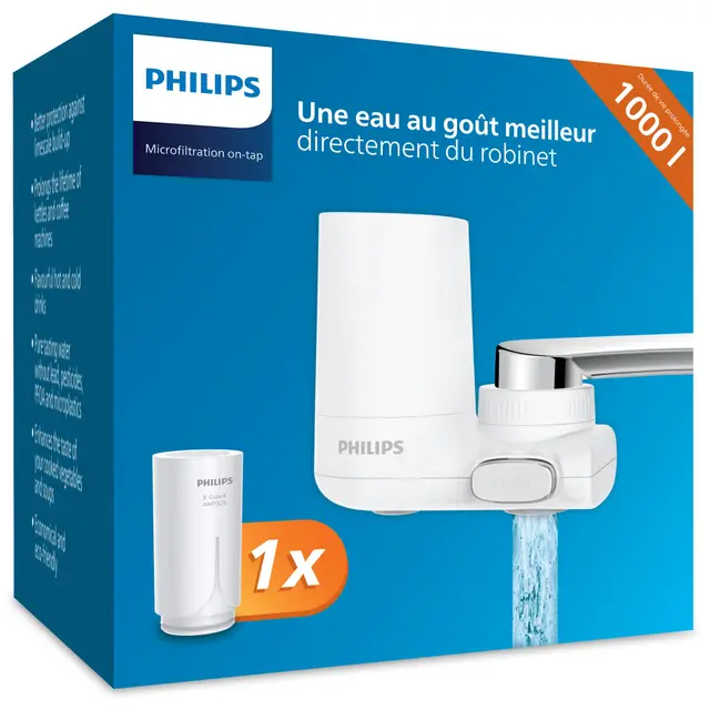 Philips Water Filtre à Eau sur Robinet AWP3703/10 Ontap - Microfiltration, Filtre le Chlore, les Sédiments et d'Autres Substances Altérant le Goût, Capacité de Filtration de 1.000 L